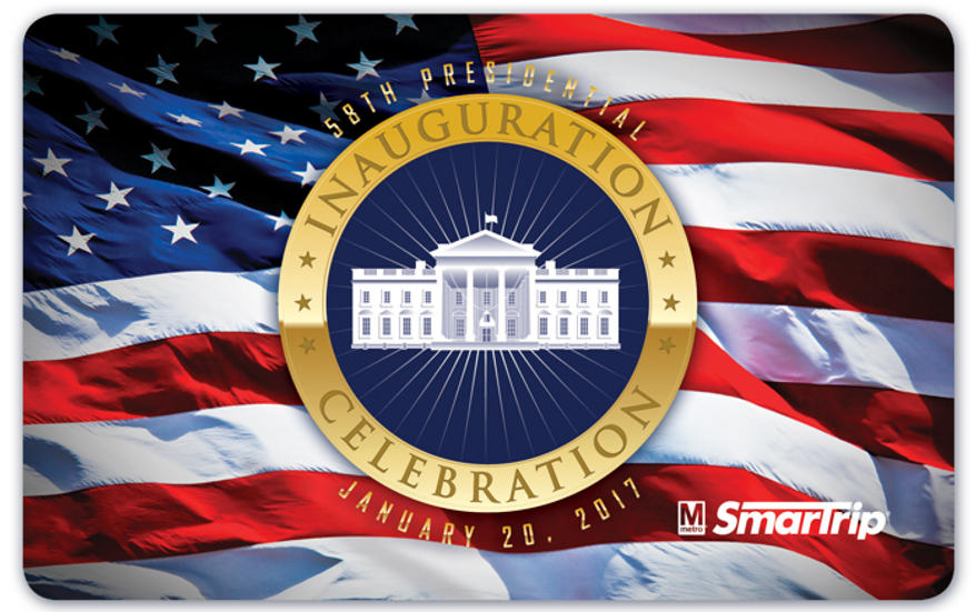 The official 2017 Inauguration Celebration SmarTrip fare card is issued by the Washington Metropolitan Area Transit Authority. Unlike designs from 2009 and 2013, the president-elect is not featured. (Washington Metropolitan Area Transit Authority)