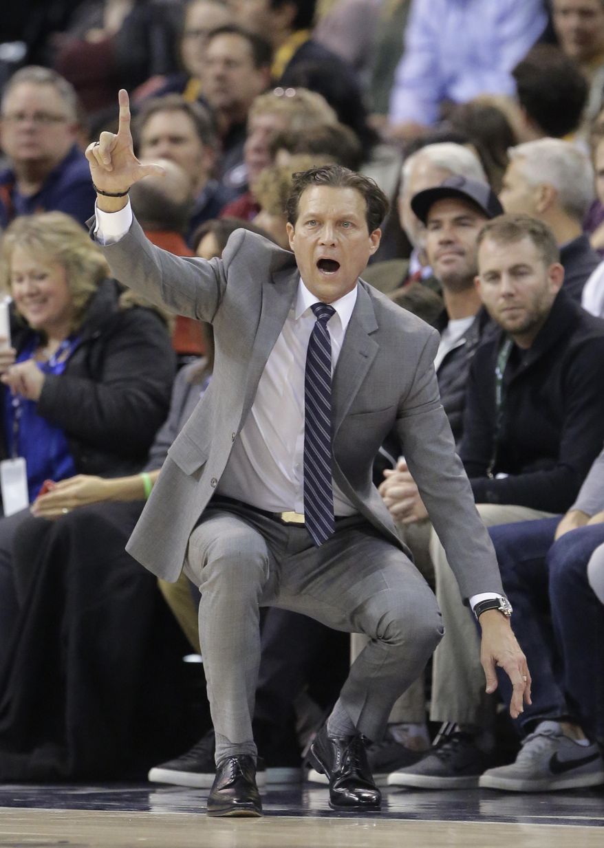 Utah Jazz head coach Quin Snyder shouts to his team in the first half during an NBA basketball game against the Sacramento Kings Wednesday, Dec. 21, 2016, in Salt Lake City. (AP Photo/Rick Bowmer)