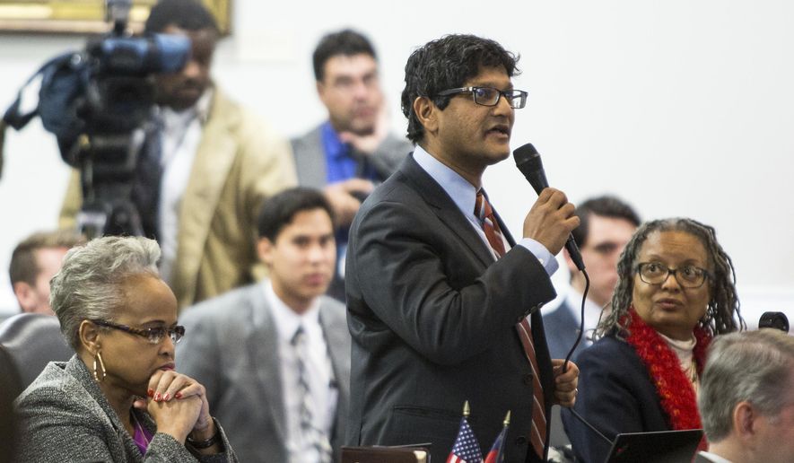 State Sen. Jay Chaudhuri, D-Wake, speaks on the senate floor during a special session of the North Carolina General Assembly called to consider repeal of NC HB2 in Raleigh, N.C., Wednesday, Dec. 21, 2016. North Carolina's legislature reconvened to see if enough lawmakers are willing to repeal a 9-month-old law that limited LGBT rights, including which bathrooms transgender people can use in public schools and government buildings. (AP Photo/Ben McKeown)