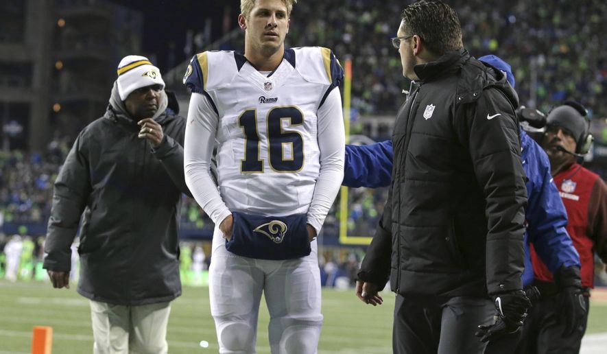 FILE - In this Dec. 15, 2016, file photo, Los Angeles Rams quarterback Jared Goff (16) leaves the sideline with an injury during the second half of the team&#39;s NFL football game against the Seattle Seahawks in Seattle. Goff is scheduled to start this week against the San Francisco 49ers after clearing the NFL’s concussion protocol. (AP Photo/Scott Eklund, File)