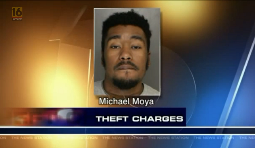 Michael Moya, accused of stealing cash from a Toys for Tots donation canister, is shown here in this mug shot in a story aired on WNEP-TV. Screen capture from video at http://wnep.com/2016/12/21/suspected-toys-for-tots-thief-nabbed-in-monroe-county/