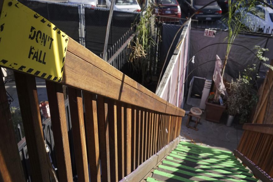 This Dec. 19, 2016 photo shows an exterior stairway of an underground music club known as known as Purple 33 in a Playa Vista neighborhood of Los Angeles. About a week after 36 people died in a fire at an underground music party in Oakland, inspectors acting on a complaint discovered a makeshift nightclub and unpermitted living quarters concealed in a warehouse near Los Angeles International Airport. After the deadly fire, officials in LA, Baltimore and other cities announced plans to aggressively pursue illegally converted warehouses and other jerry-rigged living spaces. (AP Photo/Christine Armario)