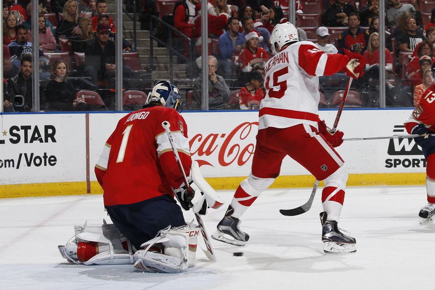 Florida Panthers goaltender Roberto Luongo (1) stops a tip-in attempt by Detroit Red Wings center Riley Sheahan (15) during the second period of an NHL hockey game, Friday, Dec. 23, 2016, in Sunrise, Fla. (AP Photo/Joel Auerbach)