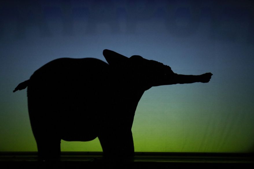 In this photo taken on Tuesday, Dec. 20, 2016, dancers of the U.S. company 'Catapult' create an elephant, during their show 'Magic Shadows', in Milan, Italy. Dancers in the company create shadow sculptures with their bodies, giving a contemporary twist to the ancient Chinese art of shadow theaters. (AP Photo/Luca Bruno)