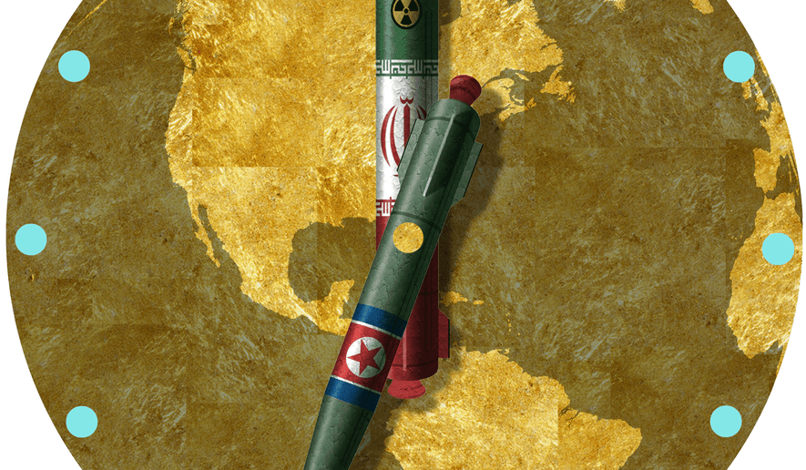 Illustration on the nuclear threats of Iran and North Korea by Alexander Hunter/The Washington Times