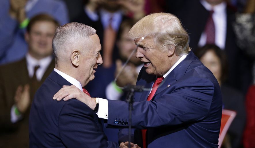 Then-President-elect Donald Trump introduces retired Marine Corps Gen. James Mattis as his appointed secretary of defense while speaking to supporters during a rally in Fayetteville, N.C., on Dec. 6, 2016. (Associated Press) ** FILE **