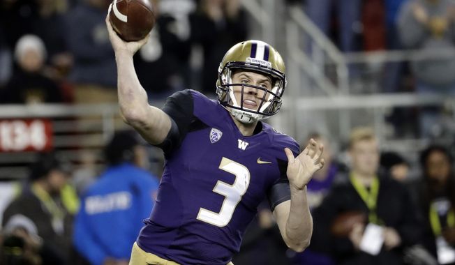 FILE - In a Friday, Dec. 2, 2016 file photo, Washington quarterback Jake Browning (3) throws against Colorado during the first half of the Pac-12 Conference championship NCAA college football game, in Santa Clara, Calif. Browning and wide receiver John Ross are the biggest names on the high-scoring offense which powered Washington to a playoff spot against Alabama in Saturday's Peach Bowl, but running back Myles Gaskin has helped provide balance that makes the Huskies a good test for the Crimson Tide's top-ranked defense. (AP Photo/Marcio Jose Sanchez, File)