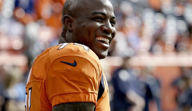 This Oct. 30, 2016 photo shows Denver Broncos outside linebacker DeMarcus Ware (94) smiling prior to an NFL football game against the San Diego Chargers in Denver. Ware needs season-ending back surgery that could spell the end of his NFL career. The Broncos placed Ware on injured reserve Wednesday, Dec. 28, 2016 along with cornerback Kayvon Webster, who sustained a concussion last weekend at Kansas City. (AP Photo/Jack Dempsey)
