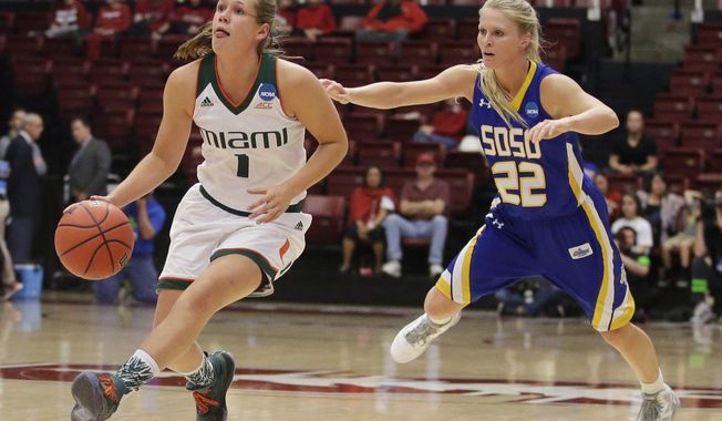 FILE - In a Saturday, March 19, 2016 file photo, Miami guard Laura Cornelius (1), of the Netherlands dribbles past South Dakota State guard Chloe Cornemann (22) in the first half of a first-round women&#x27;s college basketball game in the NCAA Tournament, in Stanford, Calif. With five players born overseas, No. 11 Miami looks to the diversity of its roster as a strength. (AP Photo/Marcio Jose Sanchez, File)
