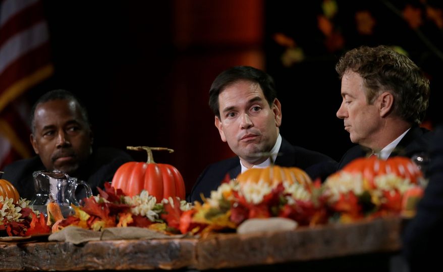 Sen. Marco Rubio (left) and Sen. Rand Paul were opponents of President-elect Donald Trump for the Republican nomination, but with the New York billionaire now headed to the White House, the tea party darlings will need to adjust when Mr. Trump takes office. (Associated Press)