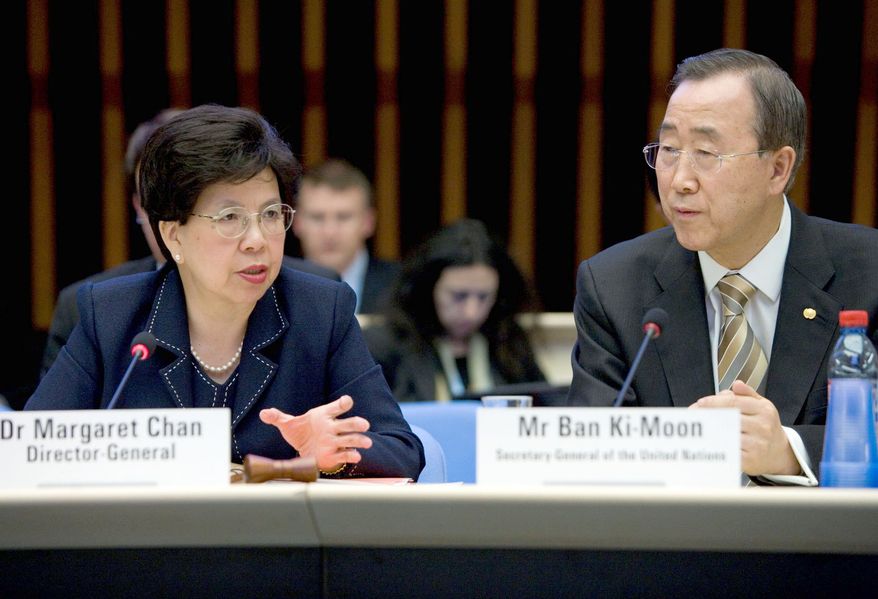 Dr. Margaret Chan, director-general of the World Health Organization, and U.N. Secretary-General Ban Ki-moon met with vaccine manufacturers during the 62nd World Health Assembly in 2009, where they discussed medical responses to the H1N1 influenza pandemic. Image courtesy of the World Health Organization.