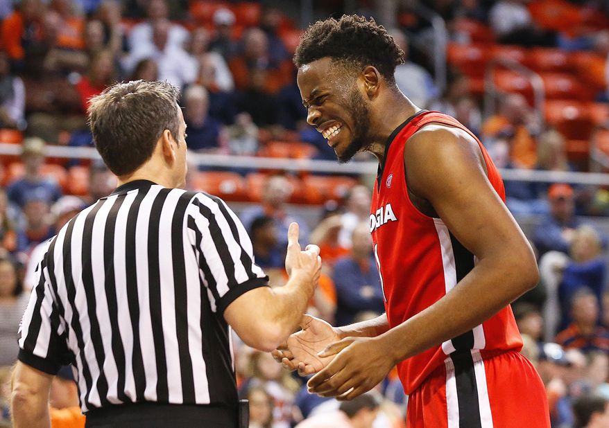 Georgia forward Yante Maten reacts to a foul call by the referee during the second half of an NCAA college basketball game, Thursday, Dec. 29, 2016, in Auburn, Ala. Georgia won 96-84. (AP Photo/Brynn Anderson)