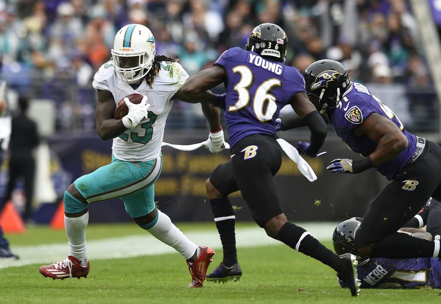FILE - In this Dec. 4, 2016, file photo, Miami Dolphins running back Jay Ajayi, left, rushes past Baltimore Ravens cornerback Tavon Young (36) and linebacker Matt Judon during an NFL football game in Baltimore. Ajayi is averaging 7.1 yards per carry after third quarter, best in league. (AP Photo/Gail Burton, File)