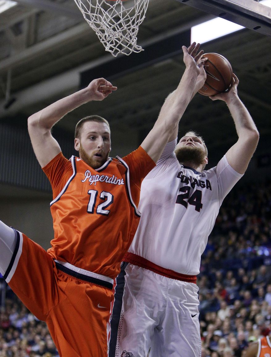 Gonzaga center Przemek Karnowski (24) shoots while defended by Pepperdine center Nate Gehring (12) during the first half of an NCAA college basketball game in Spokane, Wash., Thursday, Dec. 29, 2016. (AP Photo/Young Kwak)