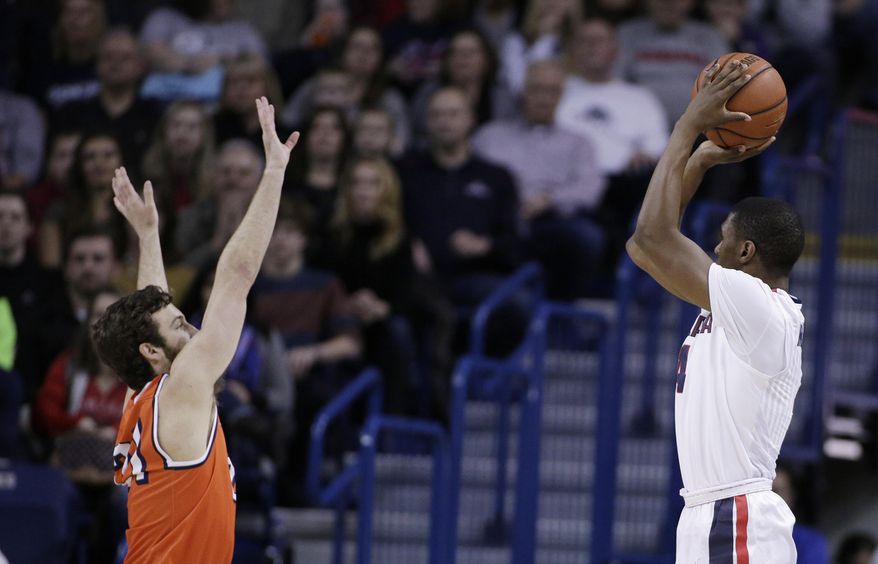 Gonzaga guard Jordan Mathews, right, shoots while defended by Pepperdine guard Knox Hellums during the first half of an NCAA college basketball game in Spokane, Wash., Thursday, Dec. 29, 2016. (AP Photo/Young Kwak)