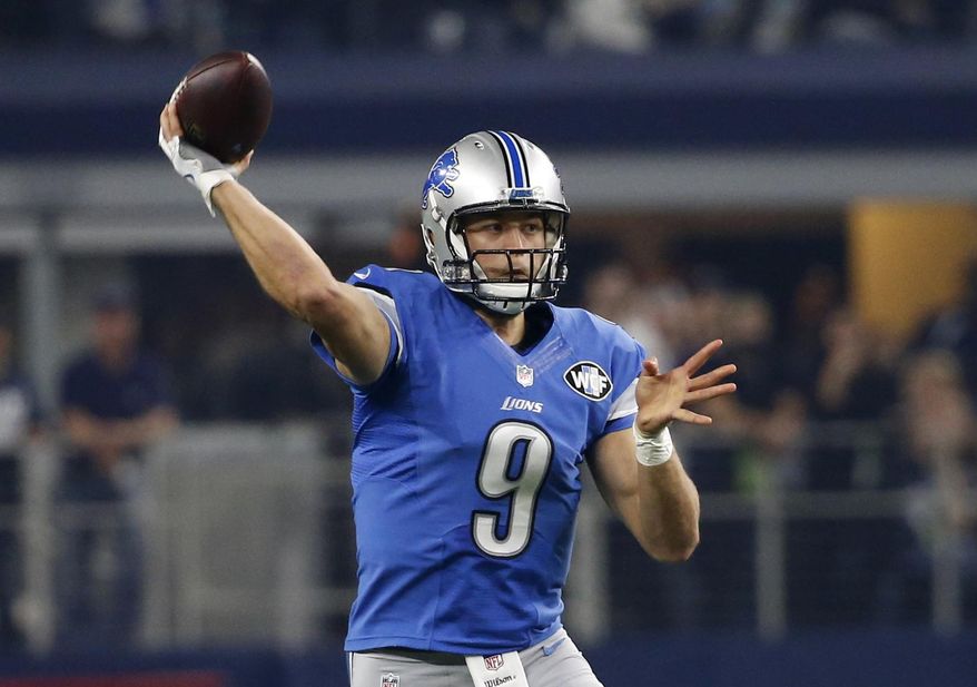 FILE - Monday, Dec. 26, 2016 file photo, Detroit Lions&#39; Matthew Stafford (9) throws a pass in the first half of an NFL football game against the Dallas Cowboys in Arlington, Texas. Ford Field opened in 2002, and since then it has hosted a Super Bowl and a Final Four. The Lions, however, have never had an opportunity quite like this weekend, when they host the Green Bay Packers on Sunday night with a chance to win Detroit’s first division title since 1993. (AP Photo/Michael Ainsworth, File)