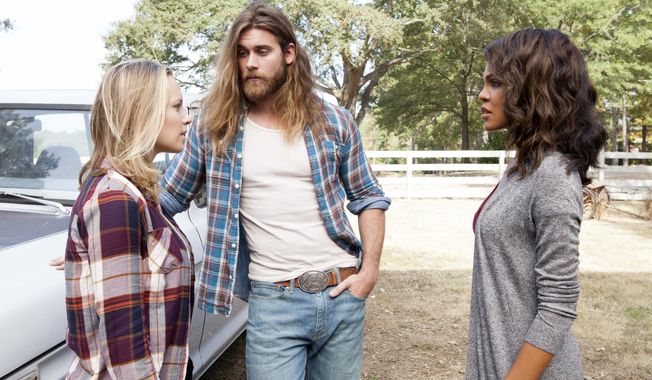 This image released by TLC shows form left to right, Danielle Savre as Anna, Brock O’Hurn as Brody and Crystle Stewart as Frankie in a scene from Tyler Perry’s TLC drama “Too Close to Home.” (TLC via AP)