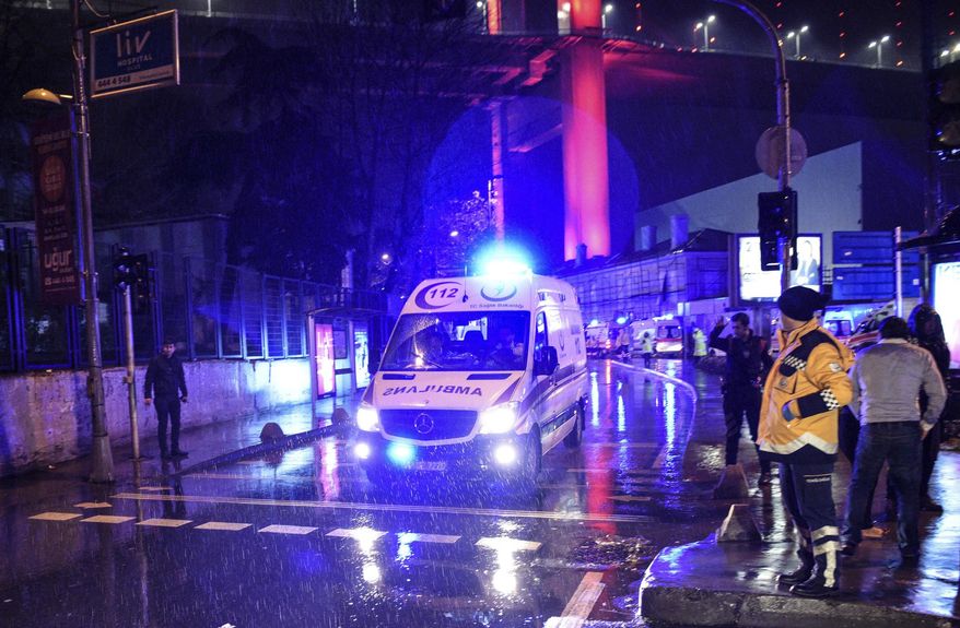 Ambulances rushing away from the scene of an attack in Istanbul, early Sunday, Jan. 1, 2017. Private NTV television said more than one assailant may have been involved in the attack. The attacker or attackers are believed to have entered the nightclub in Istanbul&#39;s Ortakoy district disguised as Santa Claus, the station reported. (AP Photo)
