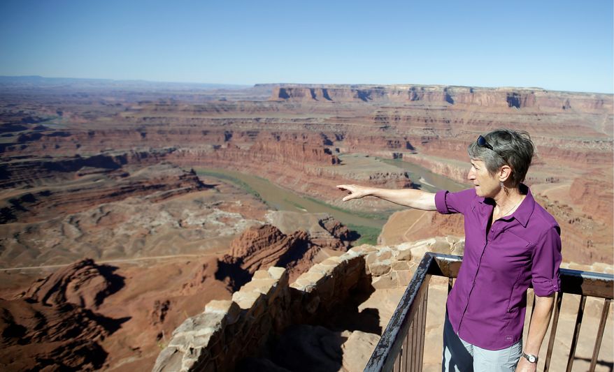 Interior Secretary Sally Jewell looks from Dead Horse Point, near Moab, Utah, where President Obama designated one of two national monuments Wednesday, that have become key flash points over use of public land in the U.S. West. (Associated Press)