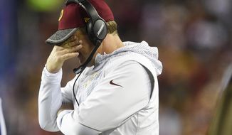 Washington Redskins head coach Jay Gruden rubs his eyes during the first half of an NFL football game against the New York Giants in Landover, Md., Sunday, Jan. 1, 2017. (AP Photo/Nick Wass)