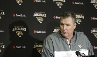 Jacksonville Jaguars interim head coach Doug Marrone speaks during a news conference following an NFL football game against the Indianapolis Colts in Indianapolis, Sunday, Jan. 1, 2017. The Colts defeated the Jaguars 24-20. (AP Photo/AJ Mast)