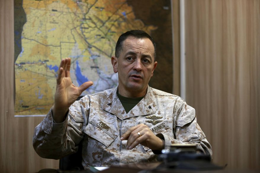 Brig. Gen. Rick Uribe speaks during an interview with The Associated Press in Irbil, 217 miles (350 kilometers) north of Baghdad, Iraq, Sunday, Jan. 1, 2017. In the interview Sunday, Uribe, a senior U.S. military commander in Iraq, expressed confidence in Iraqi forces fighting to recapture the northern city of Mosul from Islamic State militants. Uribe said he agrees with the forecast given by Iraqi Prime Minister Haider al-Abadi that it would take another three months to liberate Mosul, the last Iraqi urban center still in the hands of the extremist group. (AP Photo/Khalid Mohammed)