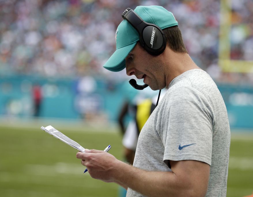 Miami Dolphins head coach Adam Gase looks down from the sidelines, during the first half of an NFL football game against the New England Patriots, Sunday, Jan. 1, 2017, in Miami Gardens, Fla. The Patriots defeated the Dolphins 35-14. (AP Photo/Lynne Sladky)