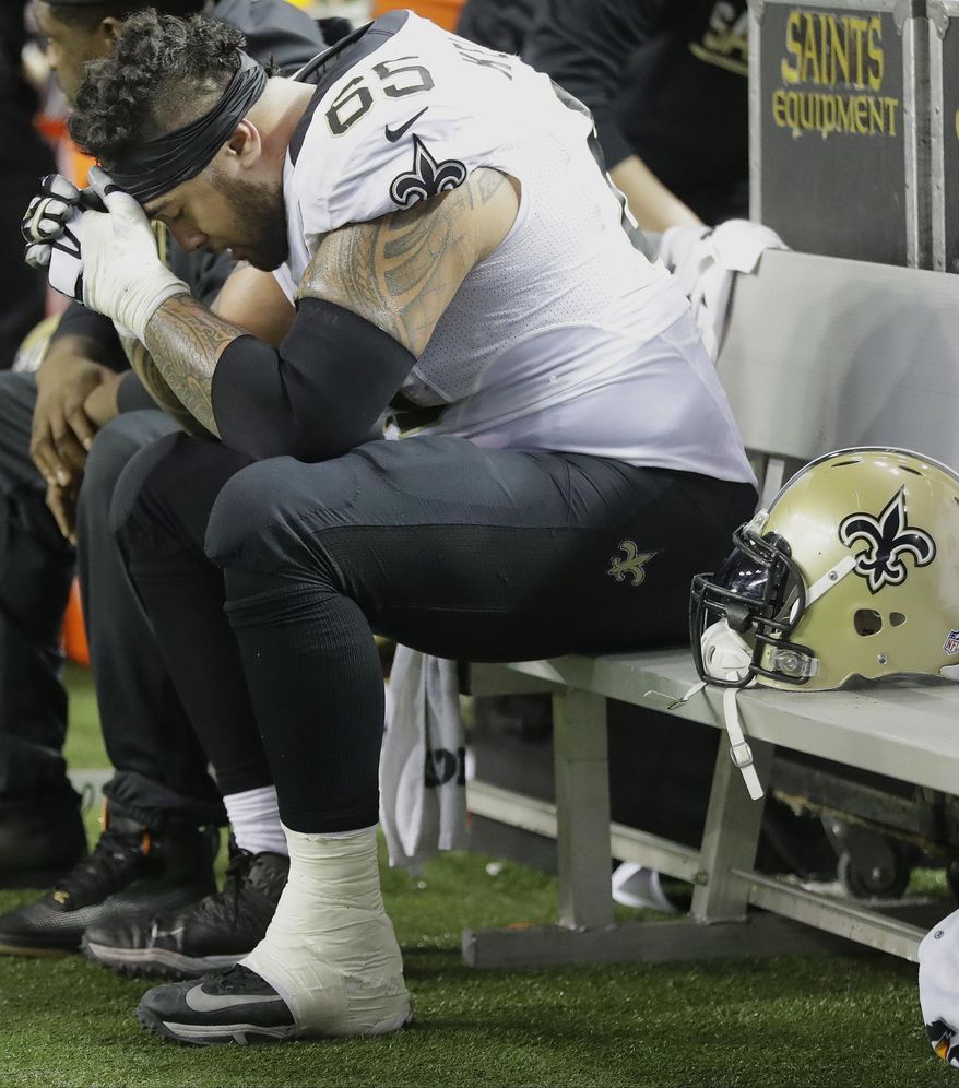New Orleans Saints guard Senio Kelemete (65) sits on the bench during the second half of an NFL football game against the Atlanta Falcons, Sunday, Jan. 1, 2017, in Atlanta. The Atlanta Falcons won 38-32. (AP Photo/David Goldman)