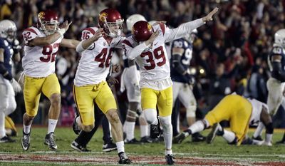 Southern California place kicker Matt Boermeester celebrates after kicking the game winning field goal against Penn State during the second half of the Rose Bowl NCAA college football game Monday, Jan. 2, 2017, in Pasadena, Calif. (AP Photo/Gregory Bull)