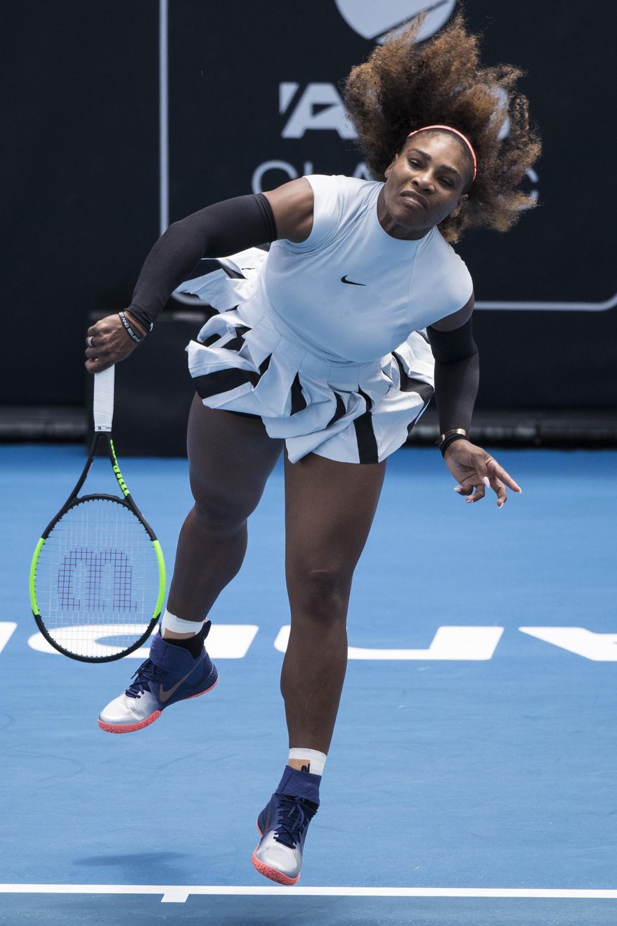 United States&#x27; Serena Williams serves during her first round match against Pauline Parmentier of France at the ASB Classic tennis tournament in Auckland, New Zealand, Tuesday, Jan. 3, 2017. Williams won in straight sets 6-3, 6-4. (Jason Oxenham/New Zealand Herald via AP)