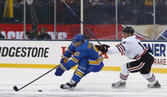 St. Louis Blues&#x27; Vladimir Tarasenko, left, of Russia, reaches for the puck as he is pressured by Chicago Blackhawks&#x27; Richard Panik, of Slovakia, during the second period of the NHL Winter Classic hockey game at Busch Stadium, Monday, Jan. 2, 2017, in St. Louis. (AP Photo/Billy Hurst)