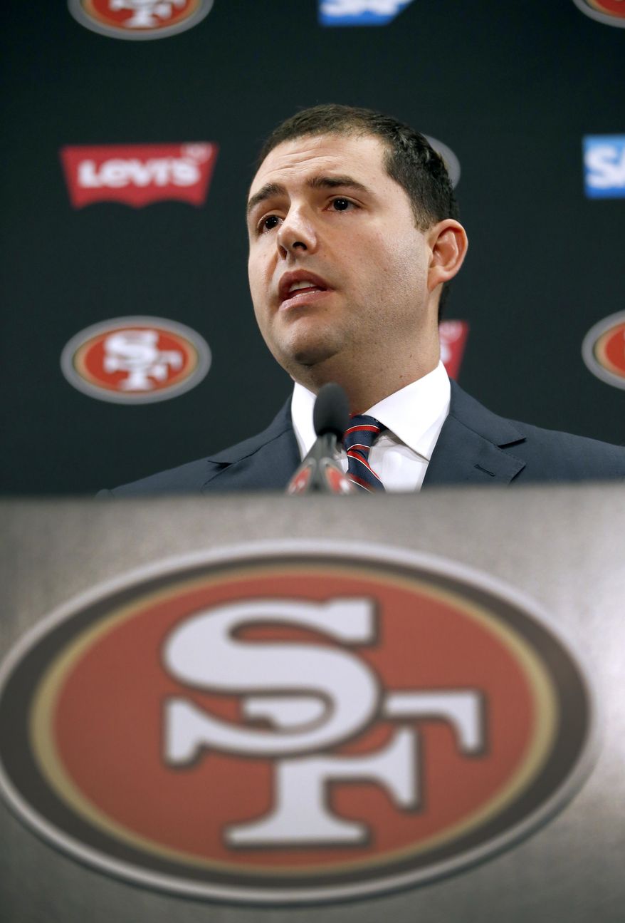San Francisco 49ers CEO Jed York speaks to reporters during a media conference Monday, Jan. 2, 2017, in Santa Clara, Calif. York answered questions regarding his decision to fire coach Chip Kelly and general manager Trent Baalke. (AP Photo/Tony Avelar)