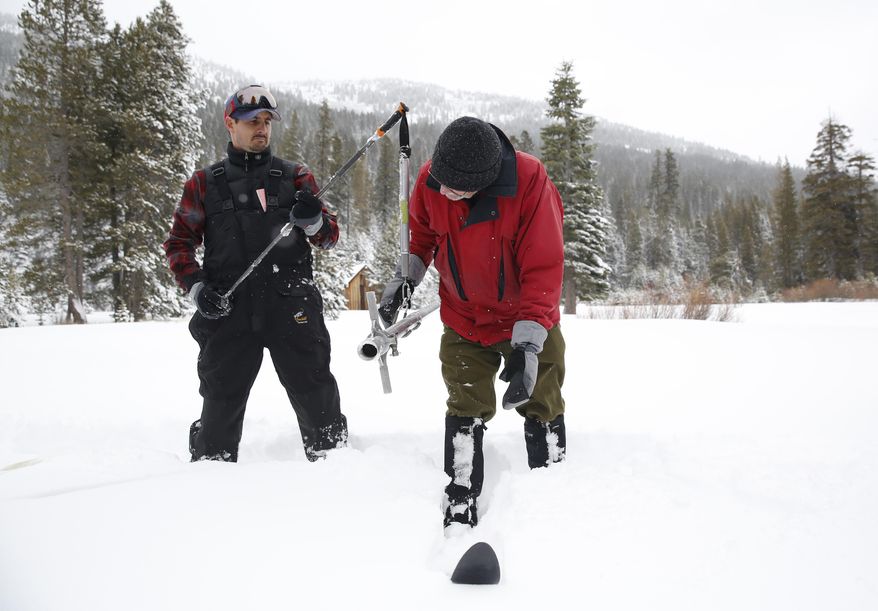 Frank Gehrke, right, chief of the California Cooperative Snow Surveys Program for the Department of Water Resources, checks the snowpack weight on a scale held by John Paasche, of DWR, during the first snow survey of the season at Phillips Station Tuesday, Jan. 3, 2017, in Echo Summit, Calif. The survey showed the snowpack at 53 percent of normal for this site at this time of year. (AP Photo/Rich Pedroncelli)