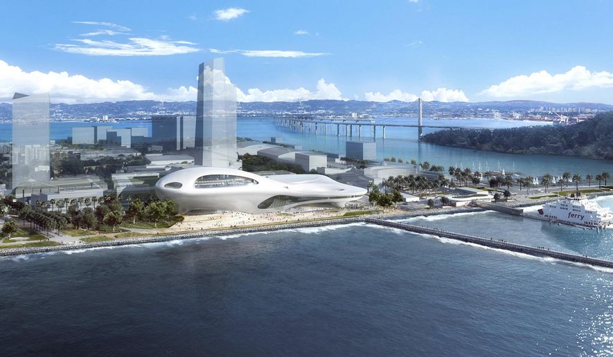 This concept design provided by the Lucas Museum of Narrative Art shows a rendering of their proposed museum on Treasure Island in San Francisco. In January George Lucas, the legendary filmmaker, is expected to decide whether he will put a museum for his extensive personal art collection in San Francisco or Los Angeles, after other attempts were upended by community opposition. (Lucas Museum of Narrative Art via AP)