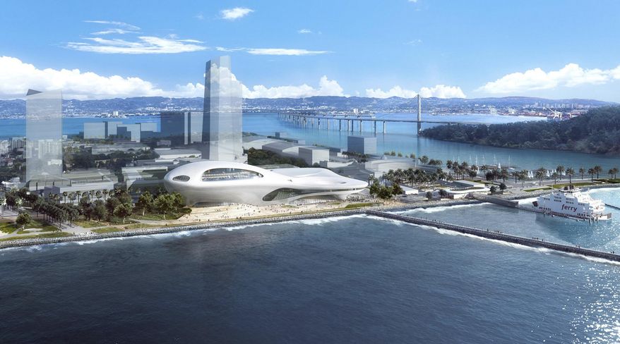 This concept design provided by the Lucas Museum of Narrative Art shows a rendering of their proposed museum on Treasure Island in San Francisco. In January George Lucas, the legendary filmmaker, is expected to decide whether he will put a museum for his extensive personal art collection in San Francisco or Los Angeles, after other attempts were upended by community opposition. (Lucas Museum of Narrative Art via AP)