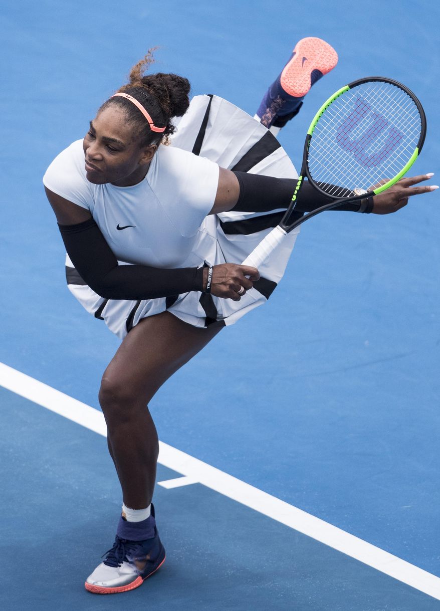 United States&#x27; Serena Williams serves during her first round match against Pauline Parmentier of France at the ASB Classic tennis tournament in Auckland, New Zealand, Tuesday, Jan 3, 2017. Williams won in straight sets 6-3, 6-4. (Jason Oxenham/New Zealand Herald via AP)