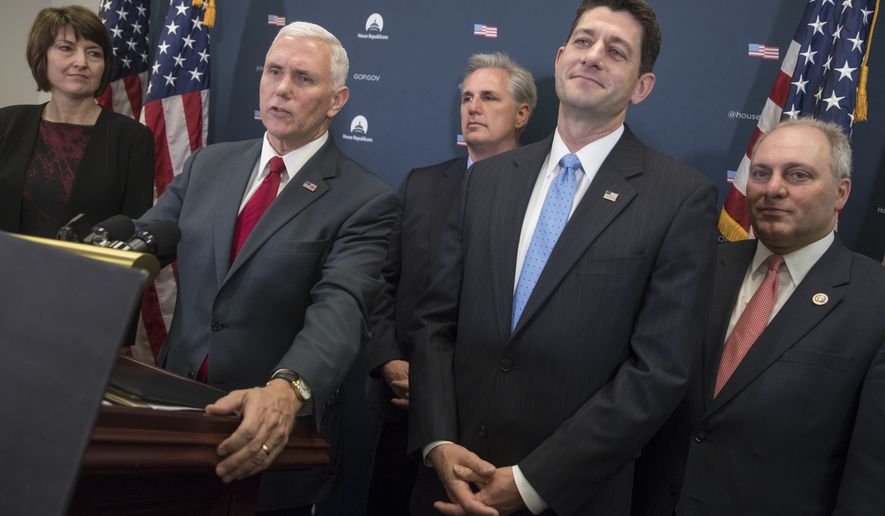 From left, Rep. Cathy McMorris Rodgers, R-Wash., chair of the House Republican Conference, Vice President-elect Mike Pence, House Majority Leader Kevin McCarthy of Calif., House Speaker Paul Ryan of Wis., and House Majority Whip Steve Scalise of La., meet with reporters on Capitol Hill in Washington, Wednesday, Jan. 4, 2017, following a closed-door meeting with the GOP caucus to discuss repeal of President Obama&#x27;s health care law now that the GOP is in charge of White House and Congress. (AP Photo/J. Scott Applewhite)