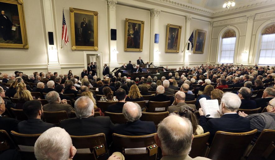 New Hampshire House Speaker Shawn Jasper presides over the year's first session in the House Chamber at the Statehouse, Wednesday, Jan. 4, 2017, in Concord, N.H. (AP Photo/Elise Amendola)