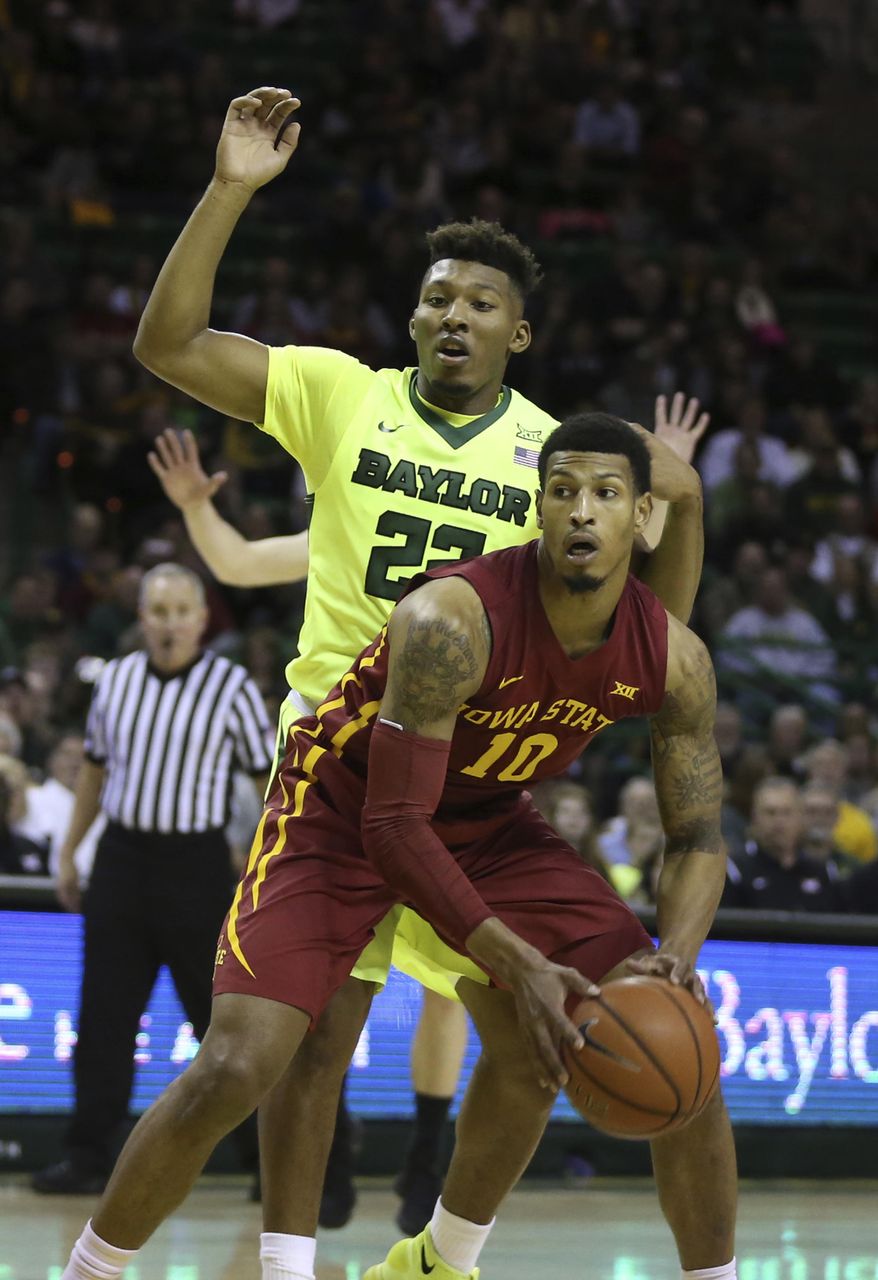 Iowa State forward Darrell Bowie (10) is guarded by Baylor guard King McClure, left, in the first half of an NCAA college basketball game, Wednesday, Jan. 4, 2017, in Waco, Texas. (AP Photo/Rod Aydelotte)