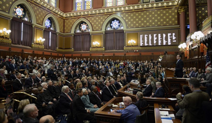 Connecticut Gov. Dannel P. Malloy delivers the State of the State address during opening session at the state Capitol, Wednesday, Jan. 4, 2017, in Hartford, Conn. (AP Photo/Jessica Hill)