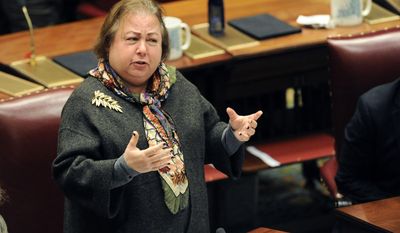 Sen. Liz Krueger, D-New York, speaks to members of the New York State Senate during opening day of the 2017 legislative session at the Capitol on Wednesday, Jan. 4, 2017, in Albany, N.Y. (AP Photo/Hans Pennink)
