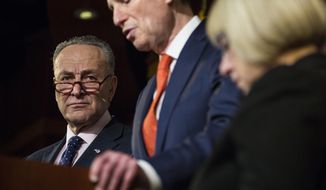 Senate Minority Leader Charles Schumer of N.Y., left, and Sen. Patty Murray, D-Wash., right, listen as Sen. Ron Wyden, D-Ore. speaks during a news conference on Capitol Hill in Washington, Thursday, Jan. 5, 2017, to discuss the nomination of Rep. Tom Price, R-Ga. to become Health and Human Services secretary. (AP Photo/Zach Gibson)