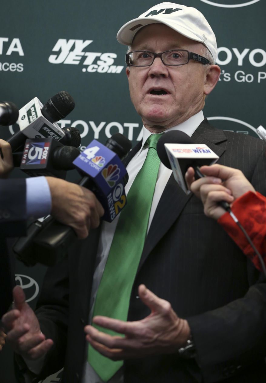 New York Jets owner Woody Johnson answers a question as he addresses the media at the team's training facility Thursday, Jan. 5, 2017, in Florham Park, N.J. AP Photo/Mel Evans)