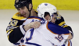 Boston Bruins defenseman Zdeno Chara (33) fights with Edmonton Oilers left wing Patrick Maroon (19) in the first period of an NHL hockey game, Thursday, Jan. 5, 2017, in Boston. (AP Photo/Elise Amendola)