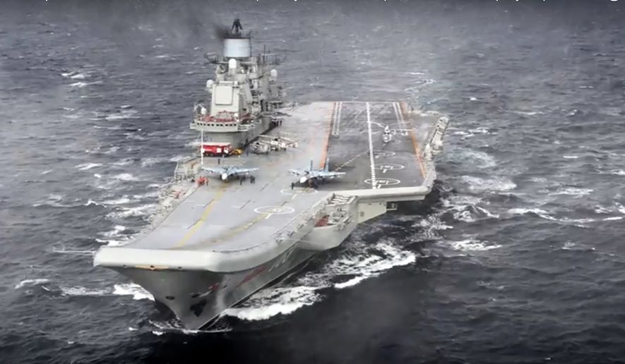 In this photo made from the footage taken from Russian Defense Ministry official web site on Wednesday, Jan. 4, 2017, the Admiral Kuznetsov aircraft carrier during its mission in the eastern Mediterranean Sea. Russia says it is withdrawing the Admiral Kuznetsov aircraft carrier and some other warships from the waters off Syria as the first step in drawing down forces in Syria. (File, Russian Defense Ministry Press Service/ Photo via AP)