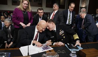 Director of National Intelligence James Clapper, left, talks with National Security Agency and Cyber Command chief Adm. Michael Rogers on Capitol Hill in Washington, Thursday, Jan. 5, 2017, at the conclusion of a Senate Armed Services Committee hearing: &amp;quot;Foreign Cyber Threats to the United States.&amp;quot;  (AP Photo/Evan Vucci)