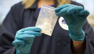 In this Aug. 9, 2016, file photo, a bag of 4-fluoro isobutyryl fentanyl which was seized in a drug raid is displayed at the Drug Enforcement Administration (DEA) Special Testing and Research Laboratory in Sterling, Va. (AP Photo/Cliff Owen, File)