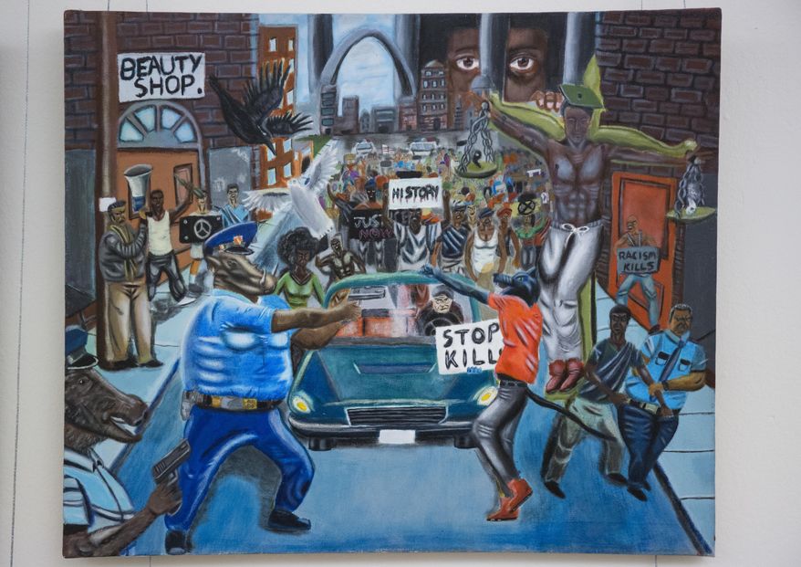 In this Jan. 5, 2017, photo, a painting by David Pulphus hangs in a hallway displaying paintings by high school students selected by their member of Congress on Capitol Hill in Washington. Rep. Duncan Hunter, R-Calif., has removed a painting that showed a pig in a police uniform, one of hundreds of artworks on display at the Capitol and sponsored by a member of Congress. Joe Kasper, a spokesman for Hunter, says the lawmaker unscrewed the artwork from the display and returned it to the office of Missouri Democratic Rep. William Lacy Clay. (AP Photo/Zach Gibson)