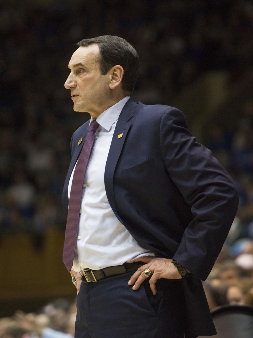 Duke head coach Mike Krzyzewski watches the court during the second half of an NCAA college basketball game against Georgia Tech in Durham, N.C., Wednesday, Jan. 4, 2017. Duke defeated Georgia Tech 110-57. (AP Photo/Ben McKeown)