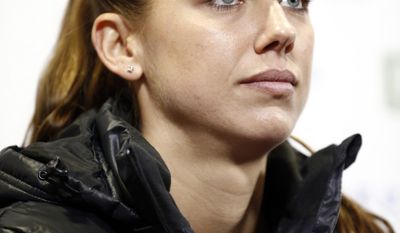 United States&#x27; Alex Morgan attends a press conference as part of her official presentation in Lyon, central France, Saturday, Jan. 7, 2017. Morgan signed a half-season contract with reigning European champions Olympique Lyon. (AP Photo)
